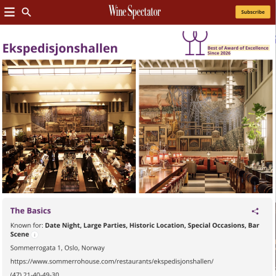 Wine Spectator Ekspedisjonshallen Best of Award of Excellence Since 2026